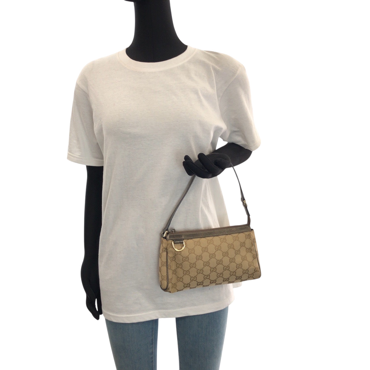 16225
GUCCI グッチ ブラウン メタリックカーキ グレー ゴールド金具 キャンバス 145750 ハンドバッグ アクセサリーポーチ  レディース