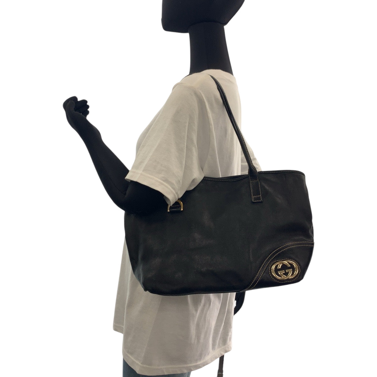 16232
GUCCI グッチ ニューブリット ブラック 黒 ゴールド金具 レザー 169946 トートバッグ ショルダーバッグ  レディース ABP32
