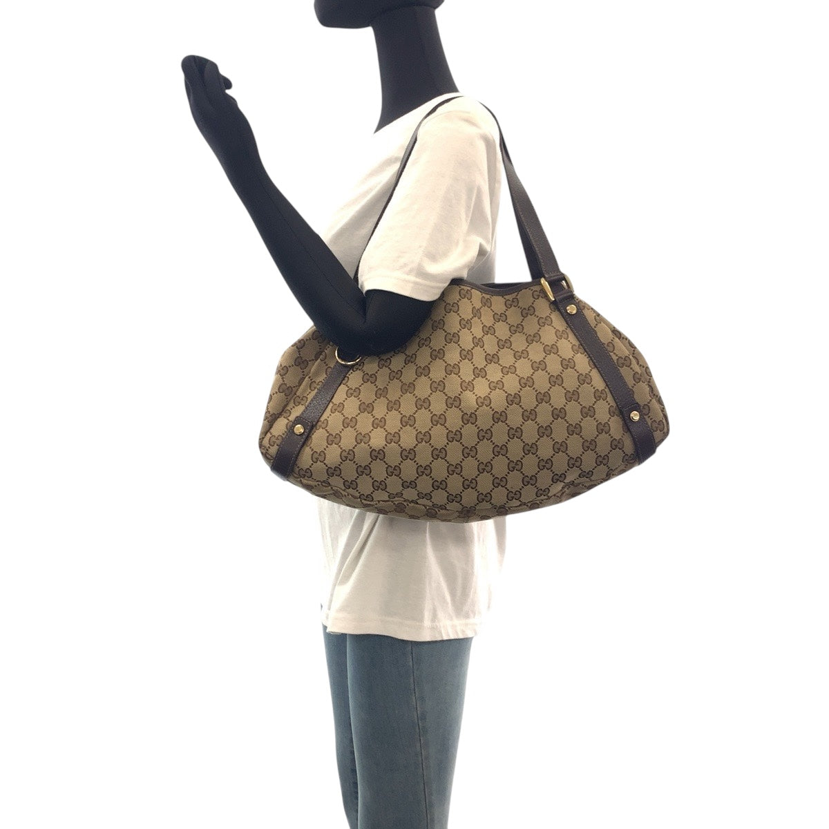 16246
GUCCI グッチ ベージュ ブラウン ゴールド金具 GGキャンバス / レザー 130736 ショルダーバッグ トートバッグ  レディース