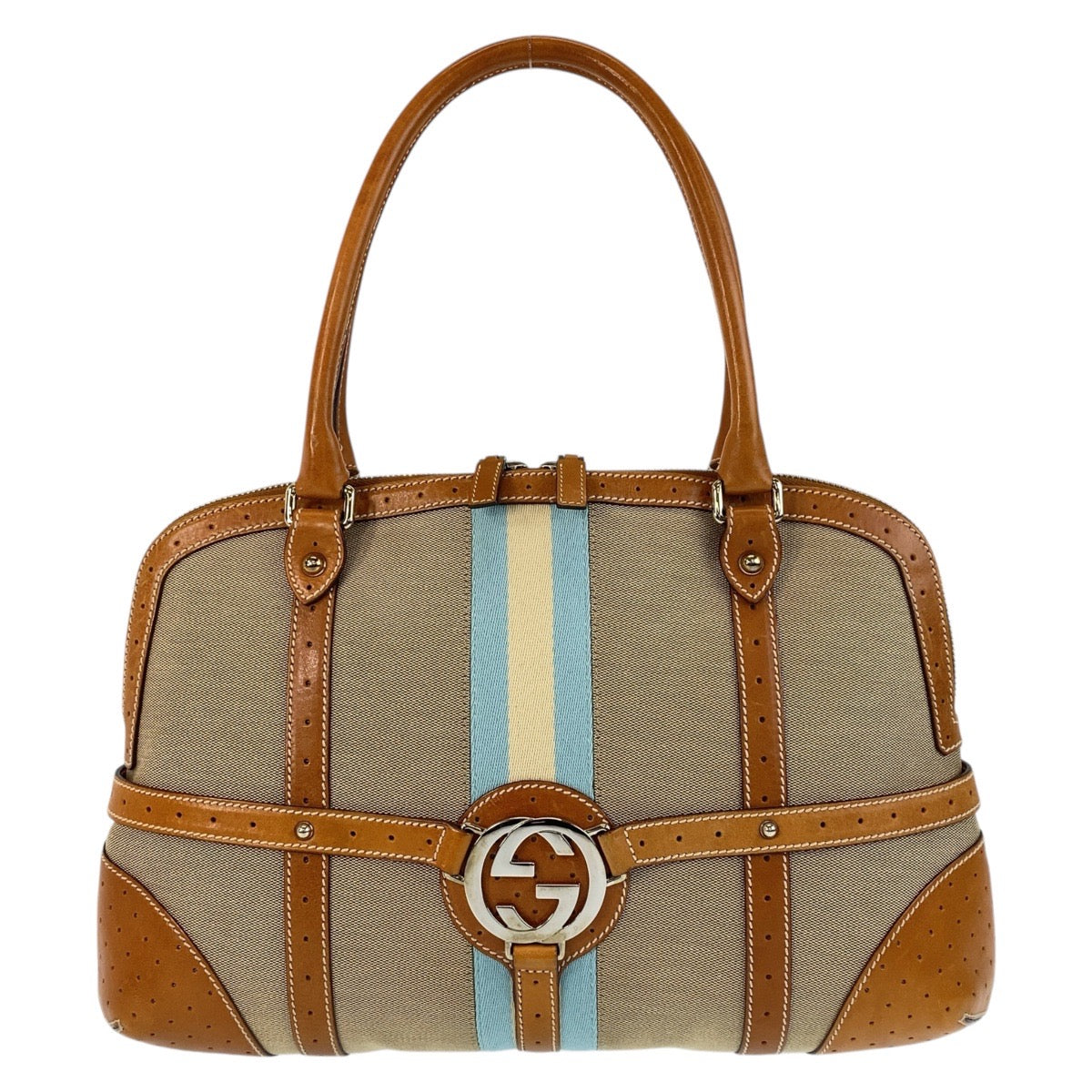 16261
GUCCI グッチ インターロッキング シェリーライン ベージュ キャメル シルバー金具 キャンバス / レザー 114887 ハンドバッグ  レディース