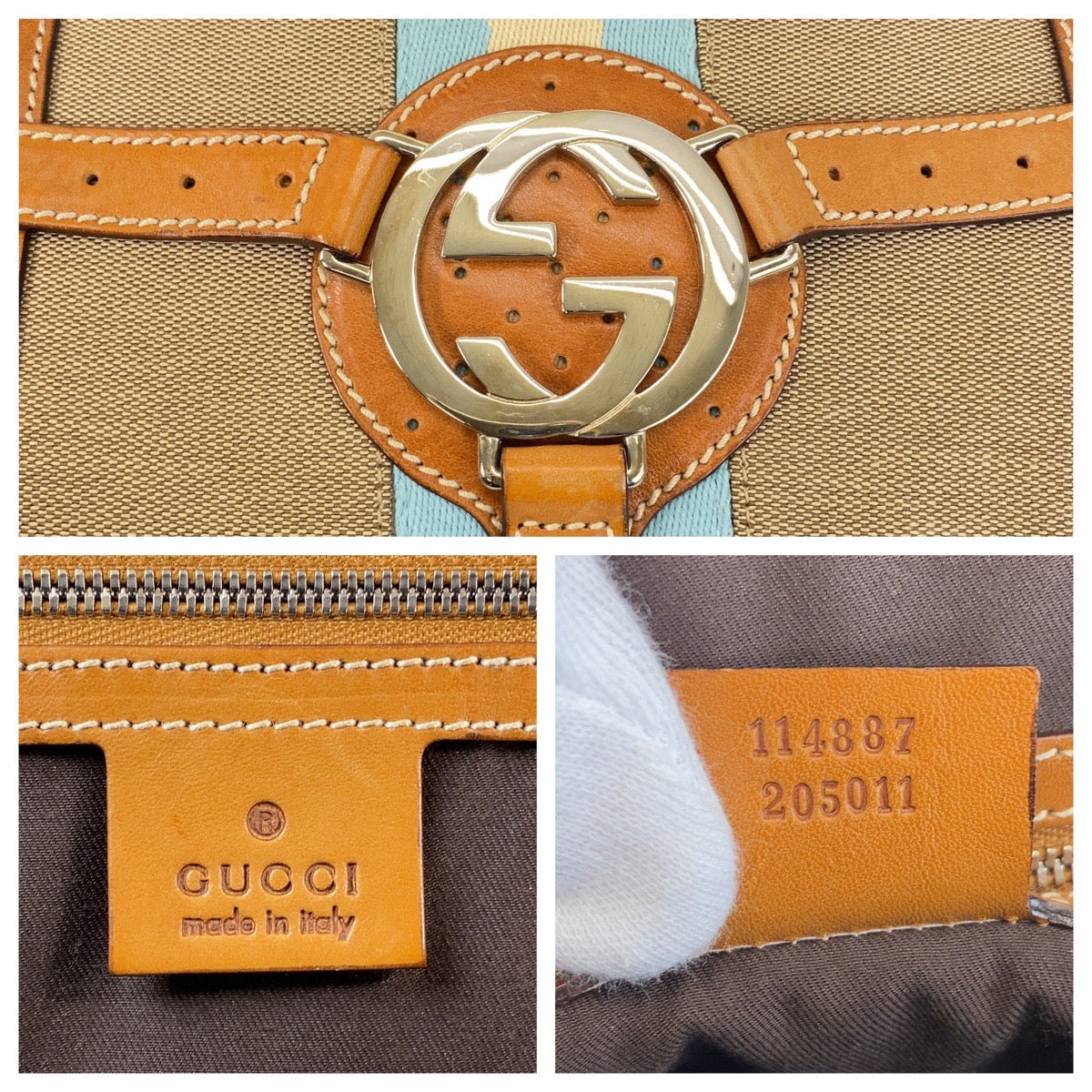 16261
GUCCI グッチ インターロッキング シェリーライン ベージュ キャメル シルバー金具 キャンバス / レザー 114887 ハンドバッグ  レディース