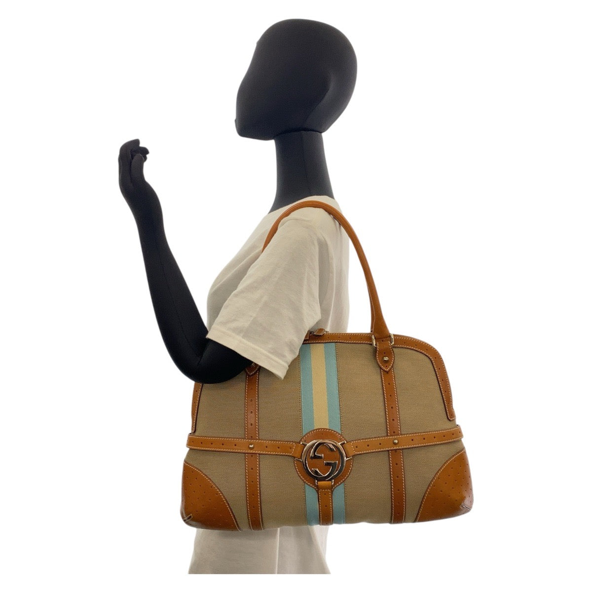 16261
GUCCI グッチ インターロッキング シェリーライン ベージュ キャメル シルバー金具 キャンバス / レザー 114887 ハンドバッグ  レディース