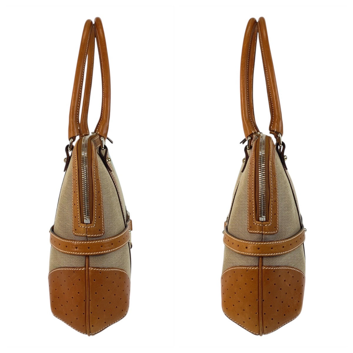 16261
GUCCI グッチ インターロッキング シェリーライン ベージュ キャメル シルバー金具 キャンバス / レザー 114887 ハンドバッグ  レディース