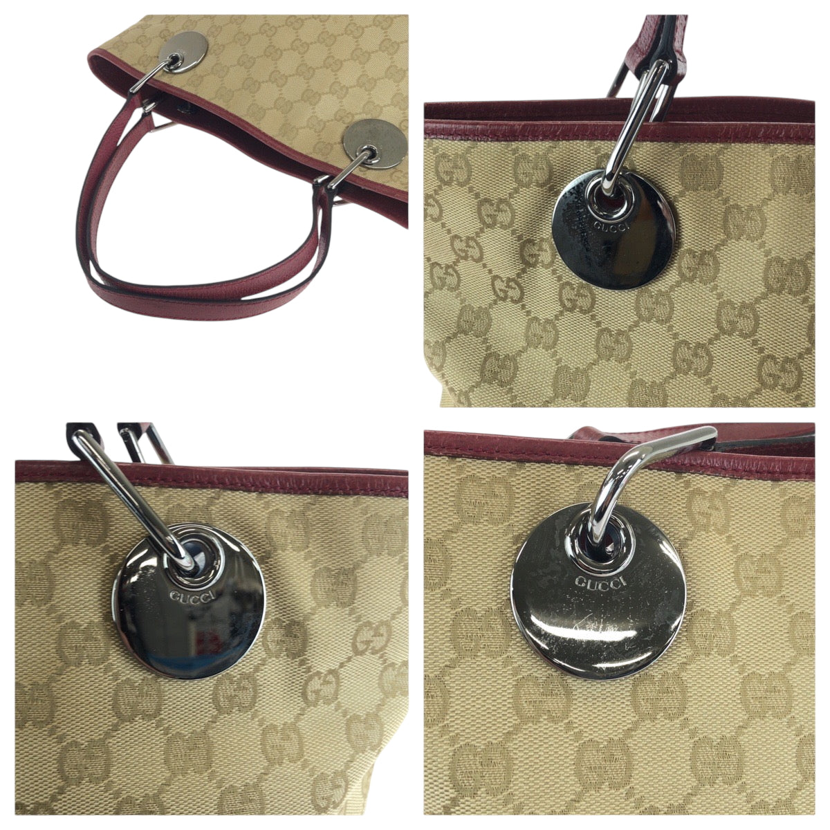 16263
GUCCI グッチ ベージュ レッド シルバー金具 GGキャンバス 120836 トートバッグ ハンドバッグ  レディース