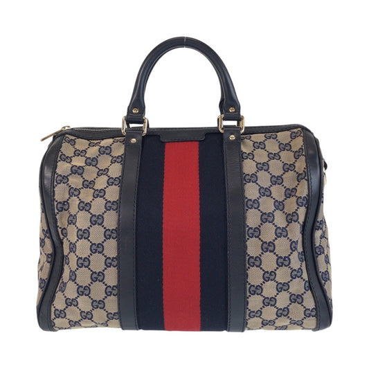 16291
GUCCI グッチ シェリーライン ネイビー ベージュ ゴールド金具 GGキャンバス / レザー 247205 ハンドバッグ ボストンバッグ  レディース