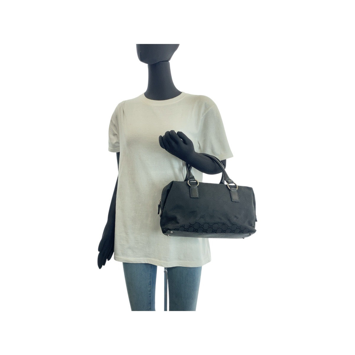 16295
GUCCI グッチ ブラック 黒 シルバー金具 GGキャンバス / レザー 113009 トートバッグ ハンドバッグ  レディース AB24