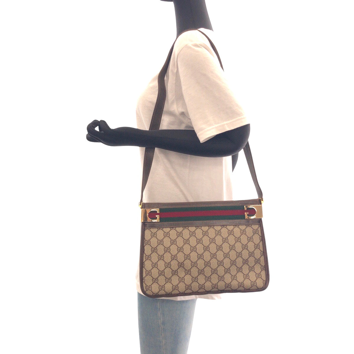 16333
GUCCI グッチ ヴィンテージ オールドグッチ シェリーライン ベージュ ブラウン ゴールド金具 GGスプリームキャンバス / レザー ショルダーバッグ レディース ABP41