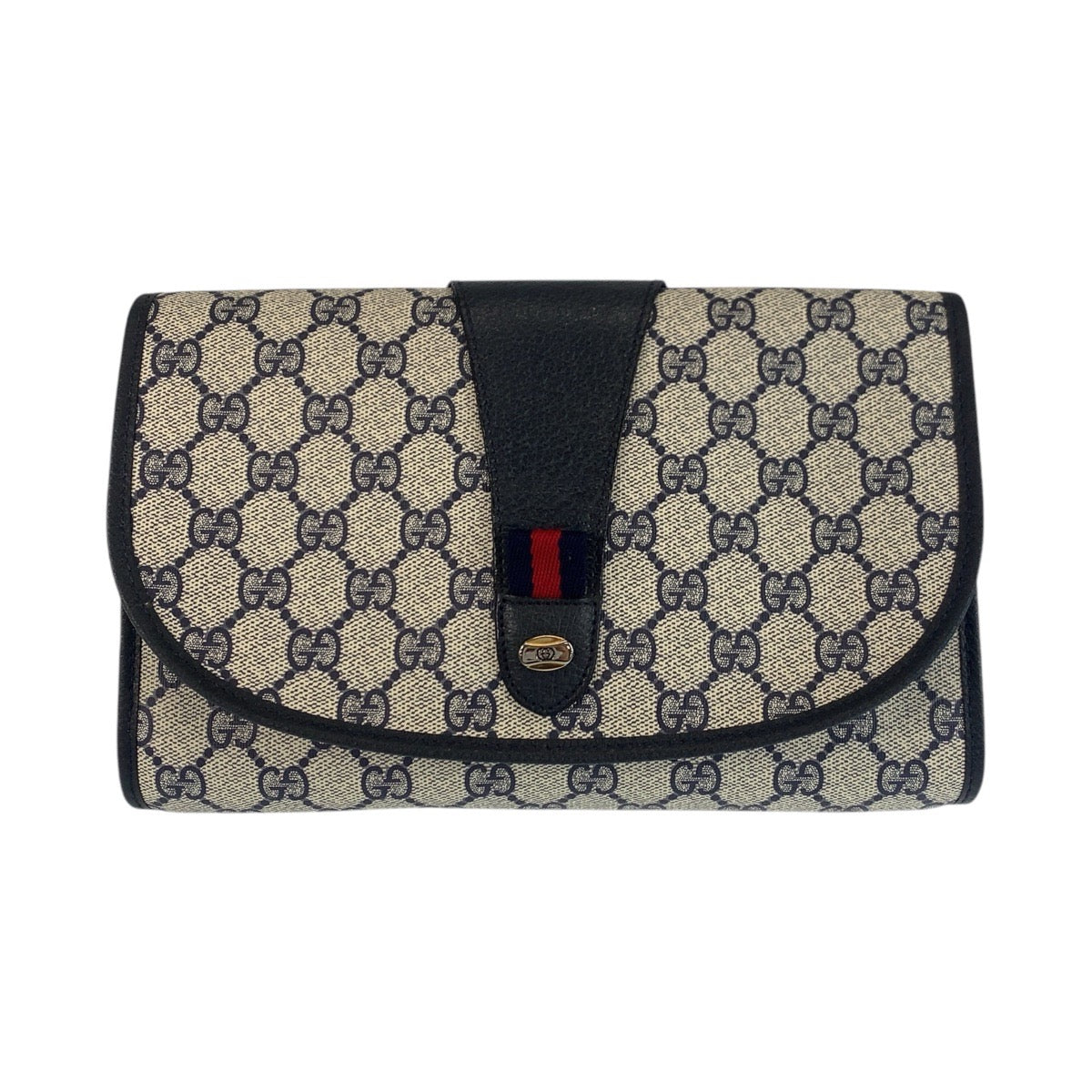 16337
GUCCI グッチ ヴィンテージ シェリーライン オールドグッチ グレー ネイビー GGスプリームキャンバス / レザー 89 01 030 クラッチバッグ セカンドバッグ  レディース