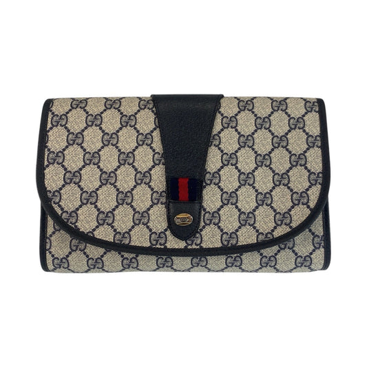 16337
GUCCI グッチ ヴィンテージ シェリーライン オールドグッチ グレー ネイビー GGスプリームキャンバス / レザー 89 01 030 クラッチバッグ セカンドバッグ  レディース