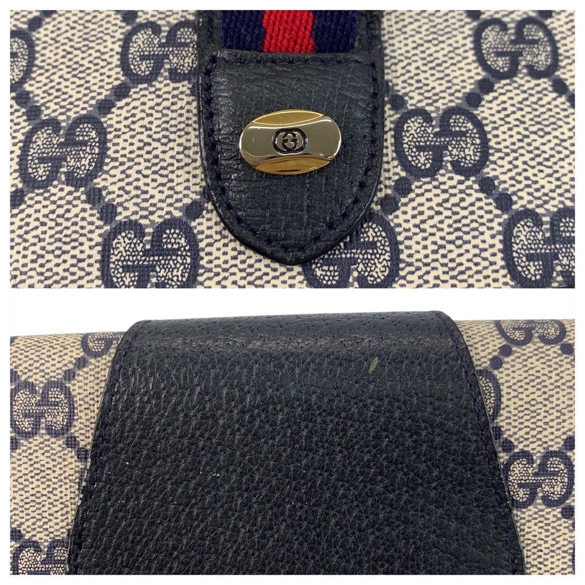 16337
GUCCI グッチ ヴィンテージ シェリーライン オールドグッチ グレー ネイビー GGスプリームキャンバス / レザー 89 01 030 クラッチバッグ セカンドバッグ  レディース