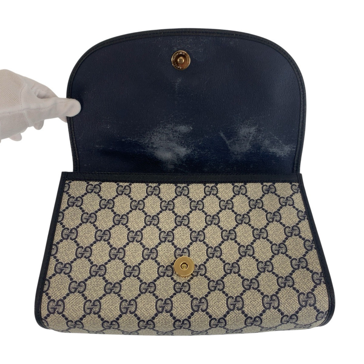 16337
GUCCI グッチ ヴィンテージ シェリーライン オールドグッチ グレー ネイビー GGスプリームキャンバス / レザー 89 01 030 クラッチバッグ セカンドバッグ  レディース