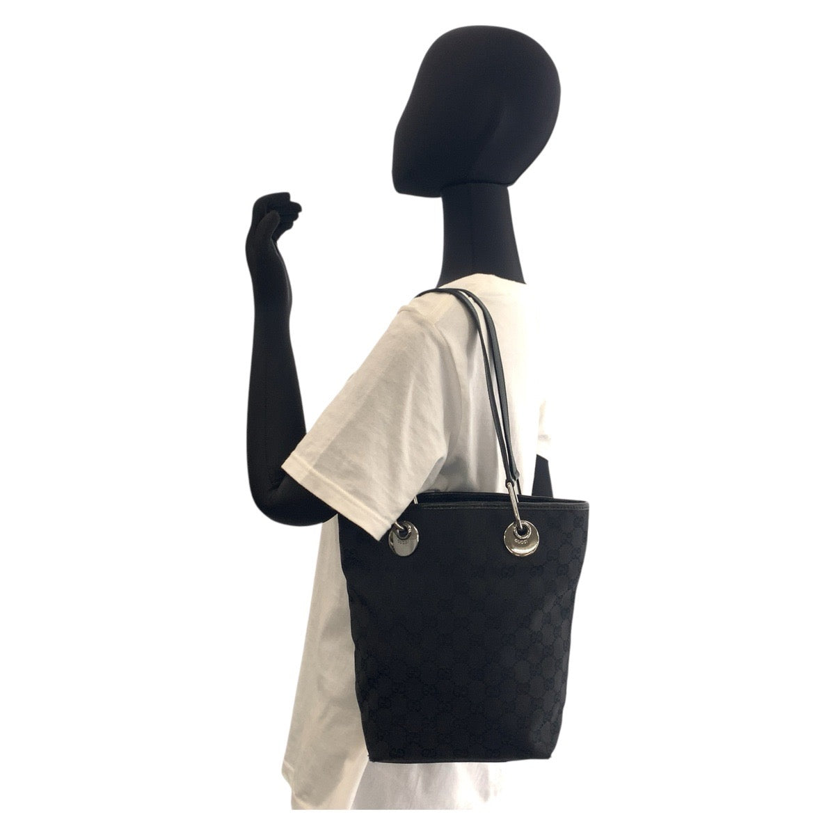 16354
GUCCI グッチ ブラック 黒 シルバー金具 GGキャンバス / レザー 120840 トートバッグ ショルダーバッグ  レディース AB22