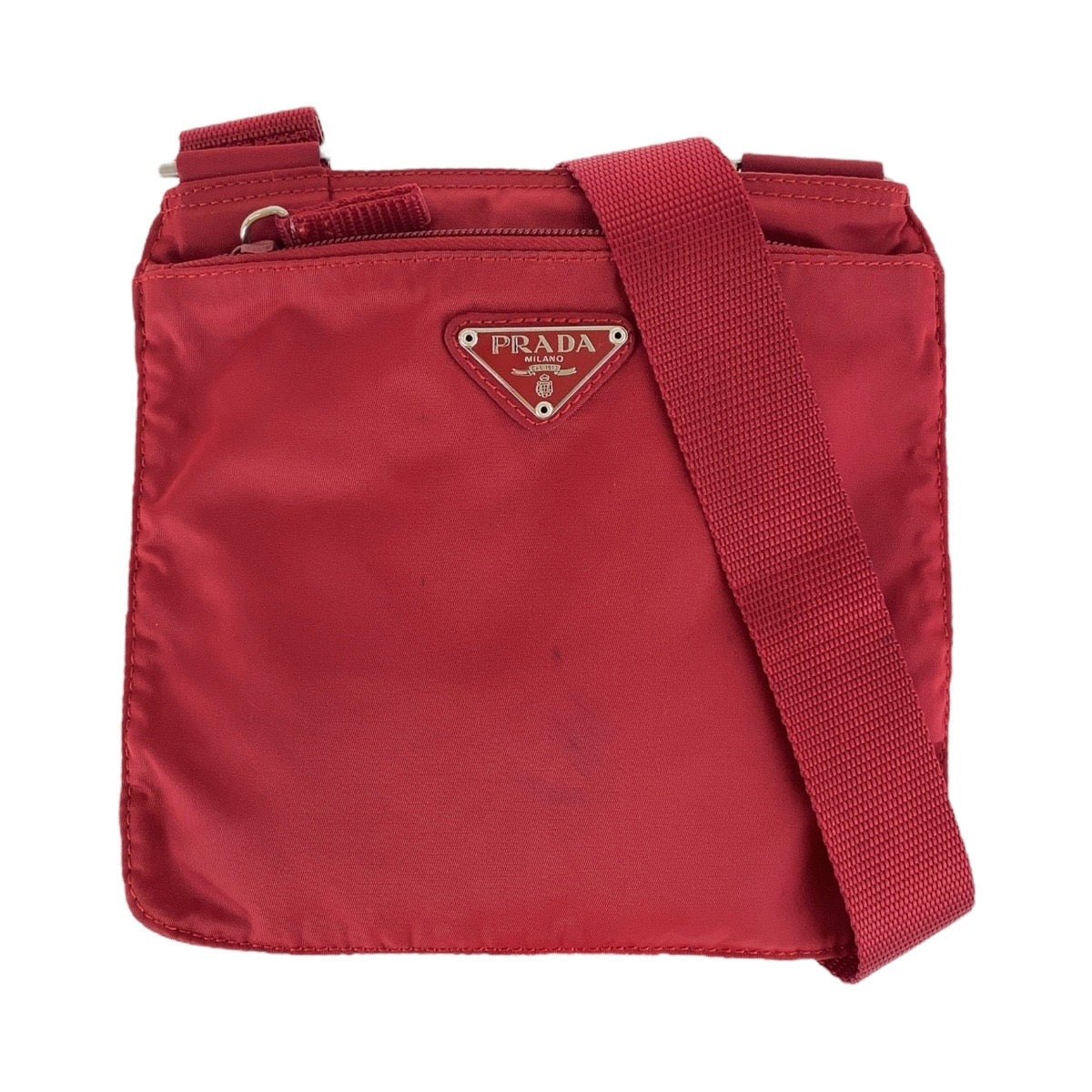 16371
PRADA プラダ テスート 三角ロゴプレート レッド シルバー金具 ナイロン ショルダーバッグ ポシェット  レディース AB24