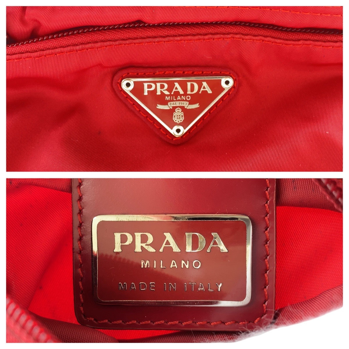 16371
PRADA プラダ テスート 三角ロゴプレート レッド シルバー金具 ナイロン ショルダーバッグ ポシェット  レディース