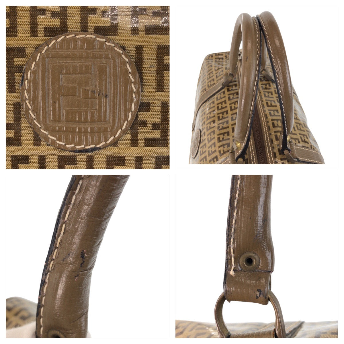 16391
FENDI フェンディ ヴィンテージ ズッカ ベージュ ブラウン  PVC / レザー ハンドバッグ ボストンバッグ  レディース