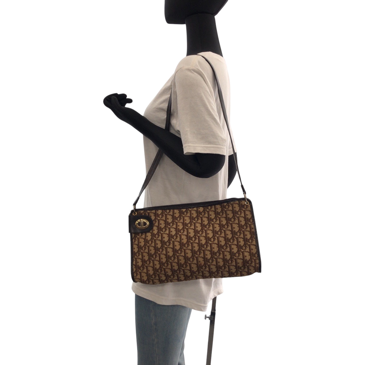 16406
Dior Vintage Trotter Pattern CD Logo Beige Brown Gold Hardware Canvas Shoulder Bag for Women ABP40
