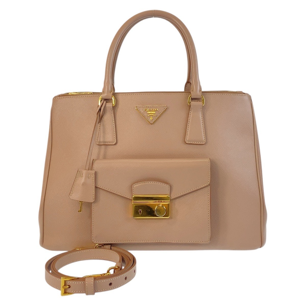 16428
PRADA プラダ サフィアーノ 三角ロゴプレート ベージュ ゴールド金具 レザー トートバッグ ハンドバッグ ショルダーバッグ 2way  レディース ABP69