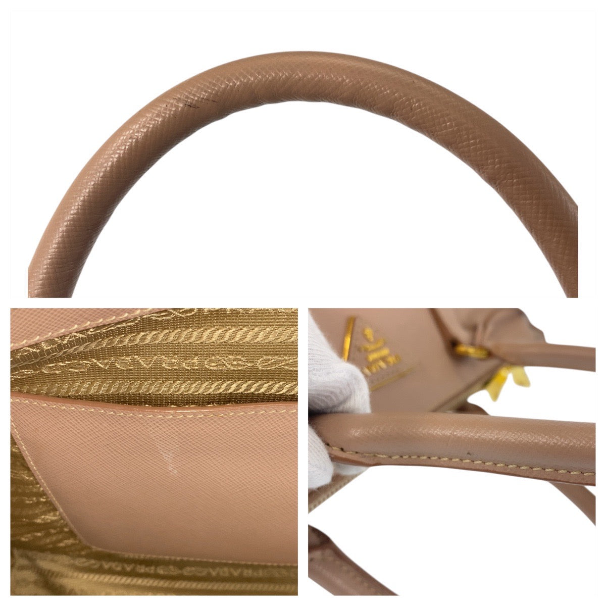 16428
PRADA プラダ サフィアーノ 三角ロゴプレート ベージュ ゴールド金具 レザー トートバッグ ハンドバッグ ショルダーバッグ 2way  レディース ABP69