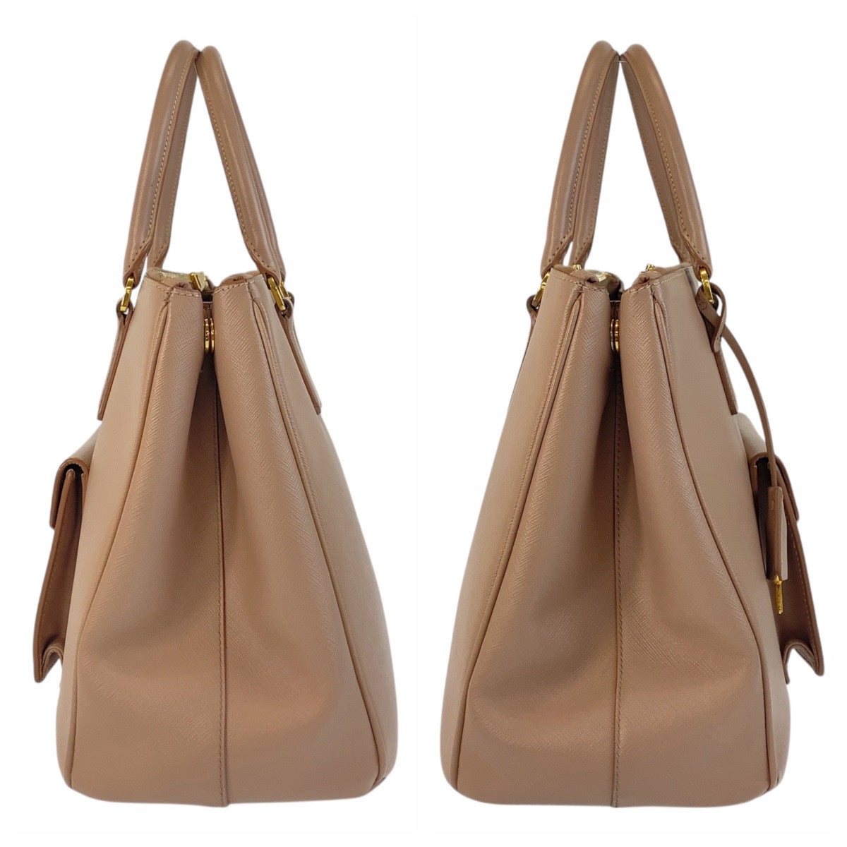 16428
PRADA プラダ サフィアーノ 三角ロゴプレート ベージュ ゴールド金具 レザー トートバッグ ハンドバッグ ショルダーバッグ 2way  レディース ABP69