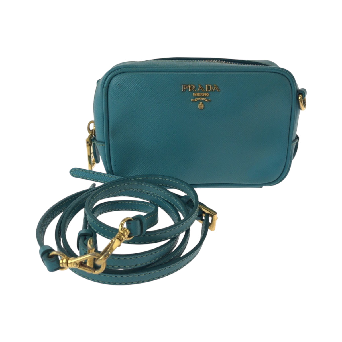16430
PRADA プラダ サフィアーノ 三角ロゴプレート ブルー ゴールド金具 レザー ショルダーバッグ ポシェット  レディース ABP48