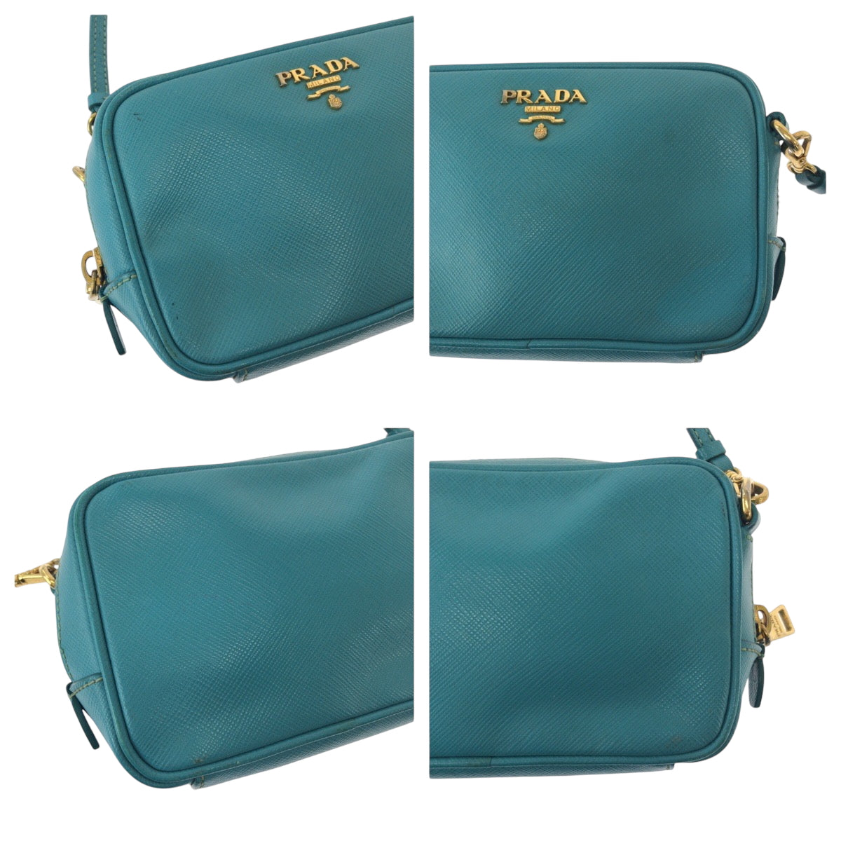 16430
PRADA プラダ サフィアーノ 三角ロゴプレート ブルー ゴールド金具 レザー ショルダーバッグ ポシェット  レディース ABP48
