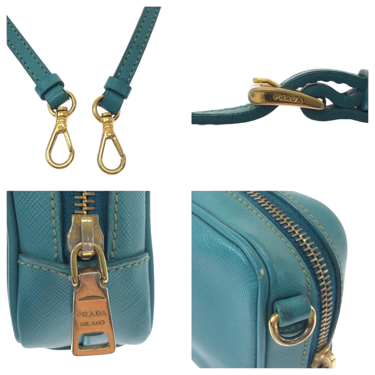 16430
PRADA プラダ サフィアーノ 三角ロゴプレート ブルー ゴールド金具 レザー ショルダーバッグ ポシェット  レディース ABP48