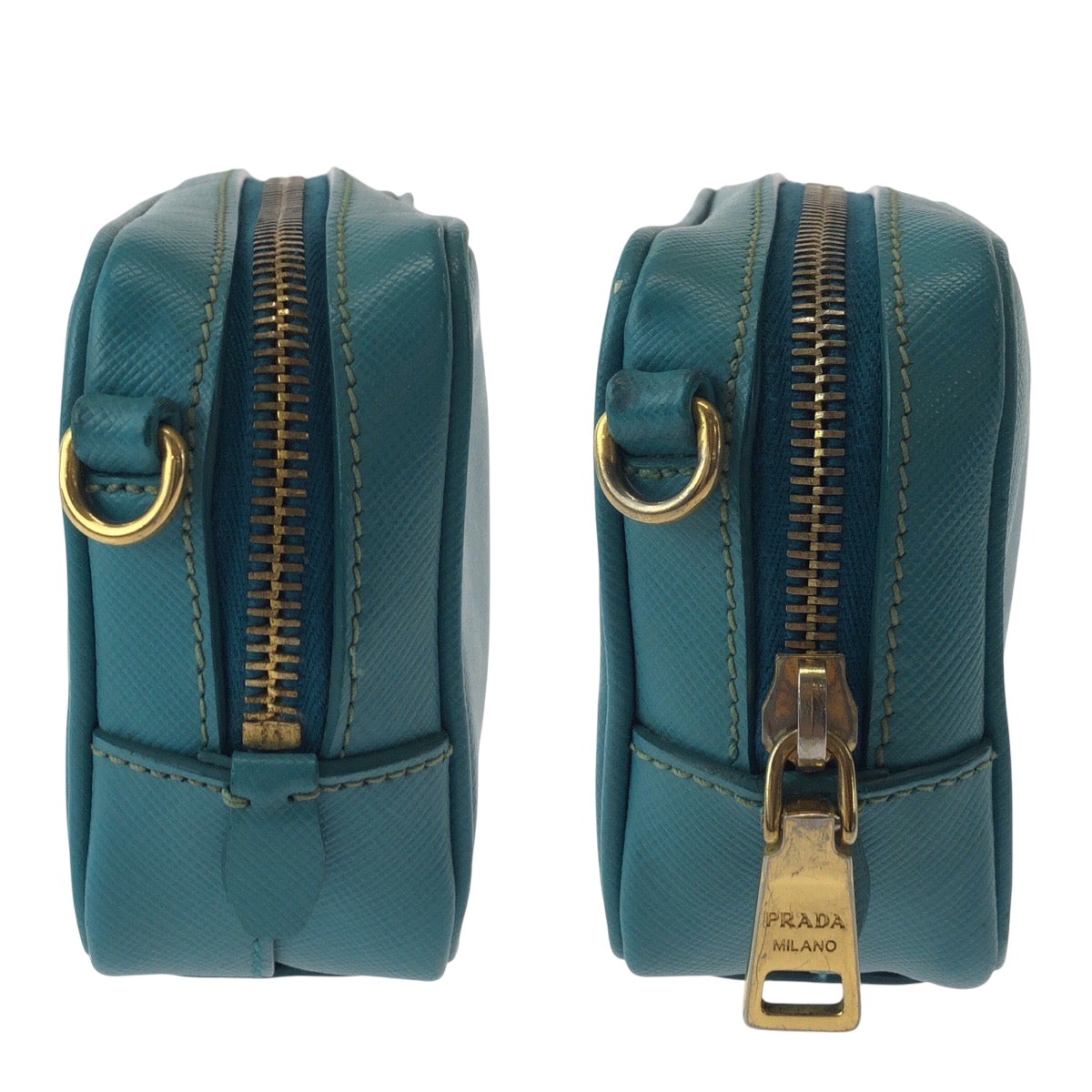 16430
PRADA プラダ サフィアーノ 三角ロゴプレート ブルー ゴールド金具 レザー ショルダーバッグ ポシェット  レディース ABP48