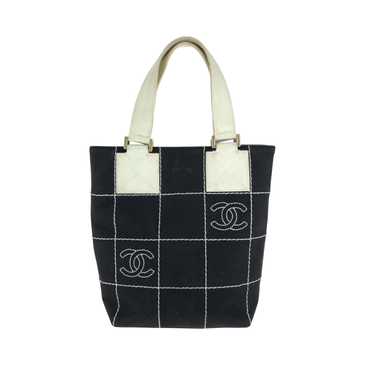 16437
CHANEL シャネル ワイルドステッチ チョコバー ココマーク ブラック 黒 ゴールド金具 キャンバス ハンドバッグ トートバッグ  レディース AB54