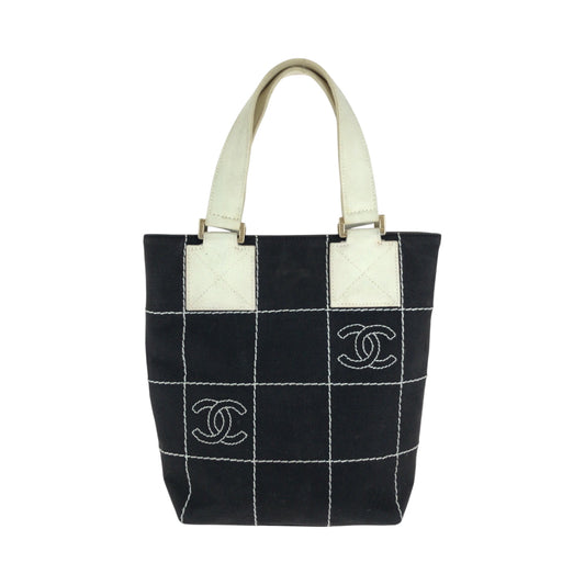 16437
CHANEL シャネル ワイルドステッチ チョコバー ココマーク ブラック 黒 ゴールド金具 キャンバス ハンドバッグ トートバッグ  レディース AB54