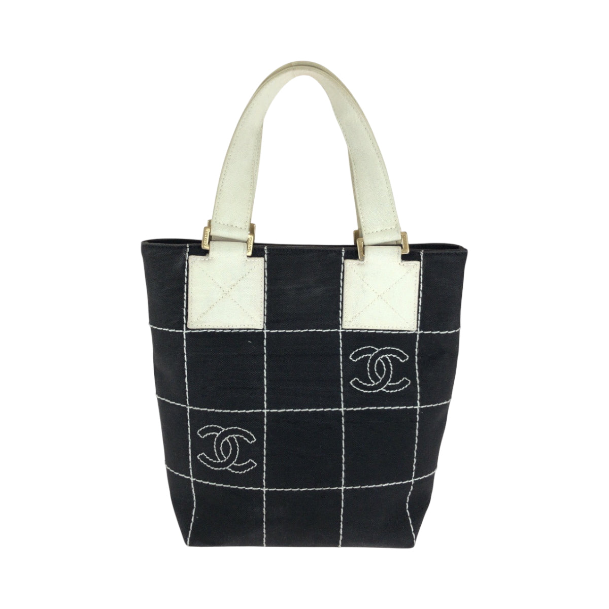 16437
CHANEL シャネル ワイルドステッチ チョコバー ココマーク ブラック 黒 ゴールド金具 キャンバス ハンドバッグ トートバッグ  レディース AB54