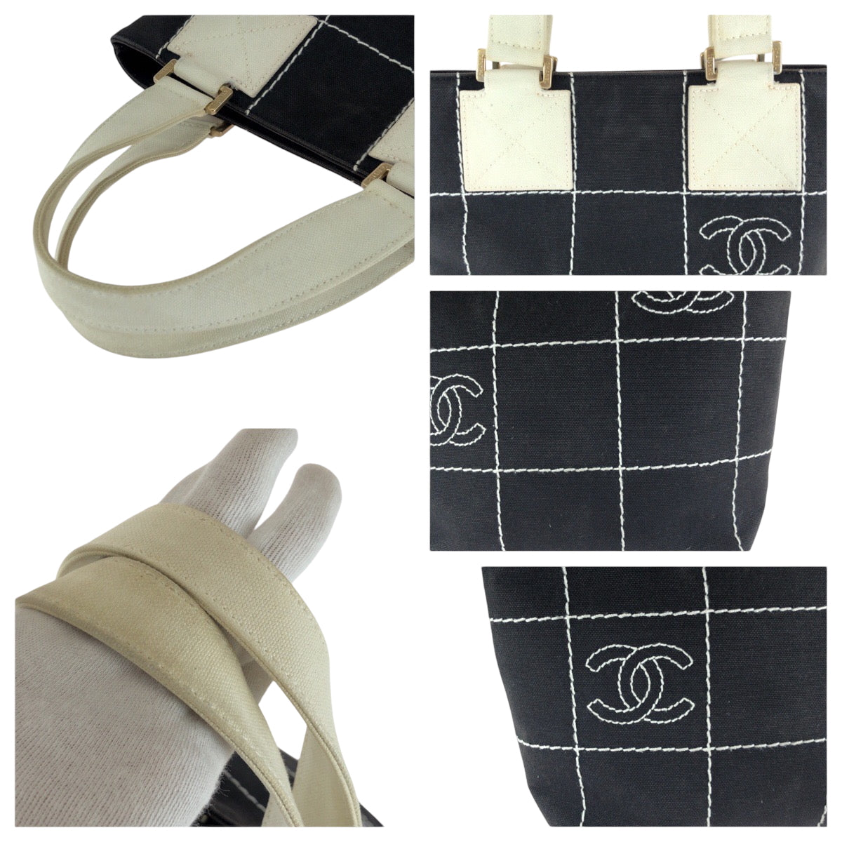 16437
CHANEL シャネル ワイルドステッチ チョコバー ココマーク ブラック 黒 ゴールド金具 キャンバス ハンドバッグ トートバッグ  レディース AB54