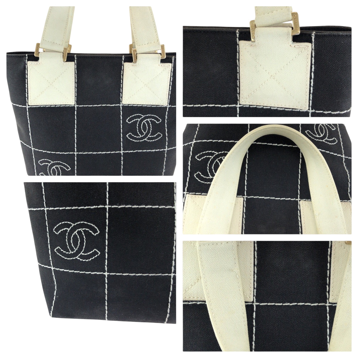 16437
CHANEL シャネル ワイルドステッチ チョコバー ココマーク ブラック 黒 ゴールド金具 キャンバス ハンドバッグ トートバッグ  レディース AB54