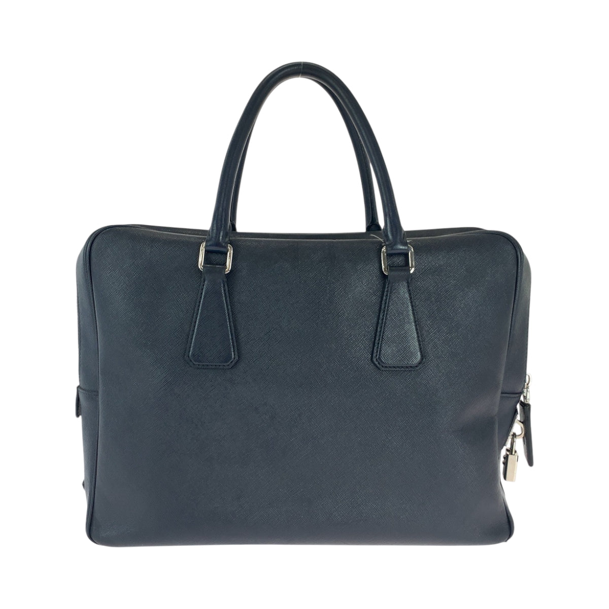 16446
PRADA プラダ サフィアーノ 三角ロゴプレート ネイビー シルバー金具 レザー ビジネスバッグ ハンドバッグ  メンズ