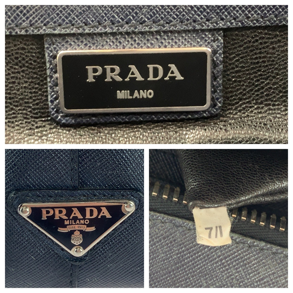 16446
PRADA プラダ サフィアーノ 三角ロゴプレート ネイビー シルバー金具 レザー ビジネスバッグ ハンドバッグ  メンズ