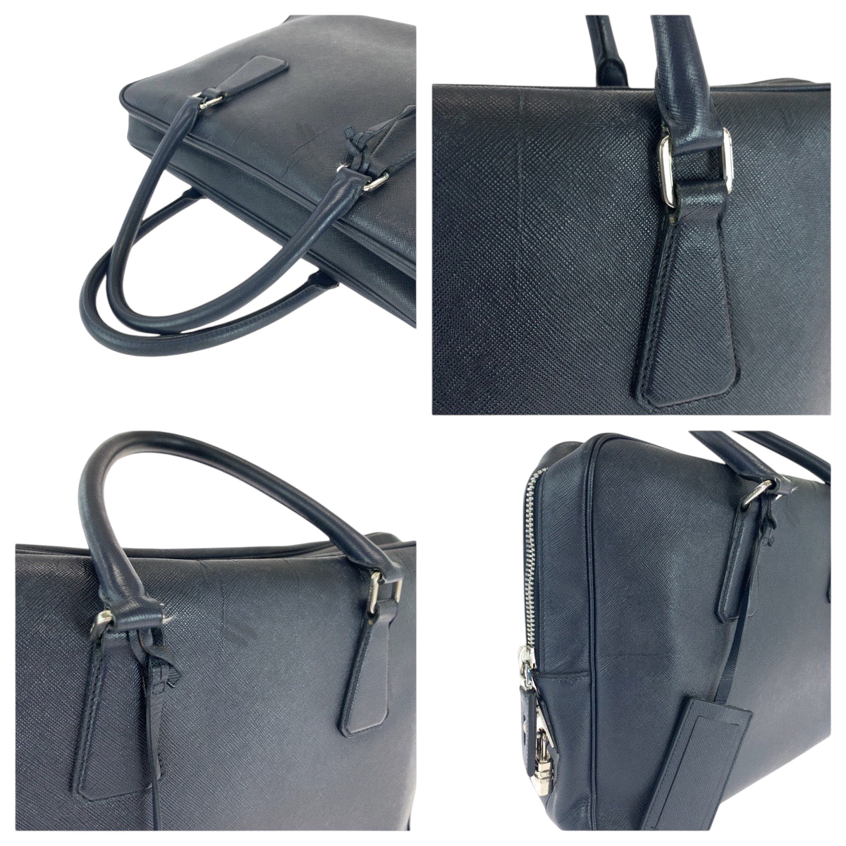 16446
PRADA プラダ サフィアーノ 三角ロゴプレート ネイビー シルバー金具 レザー ビジネスバッグ ハンドバッグ  メンズ