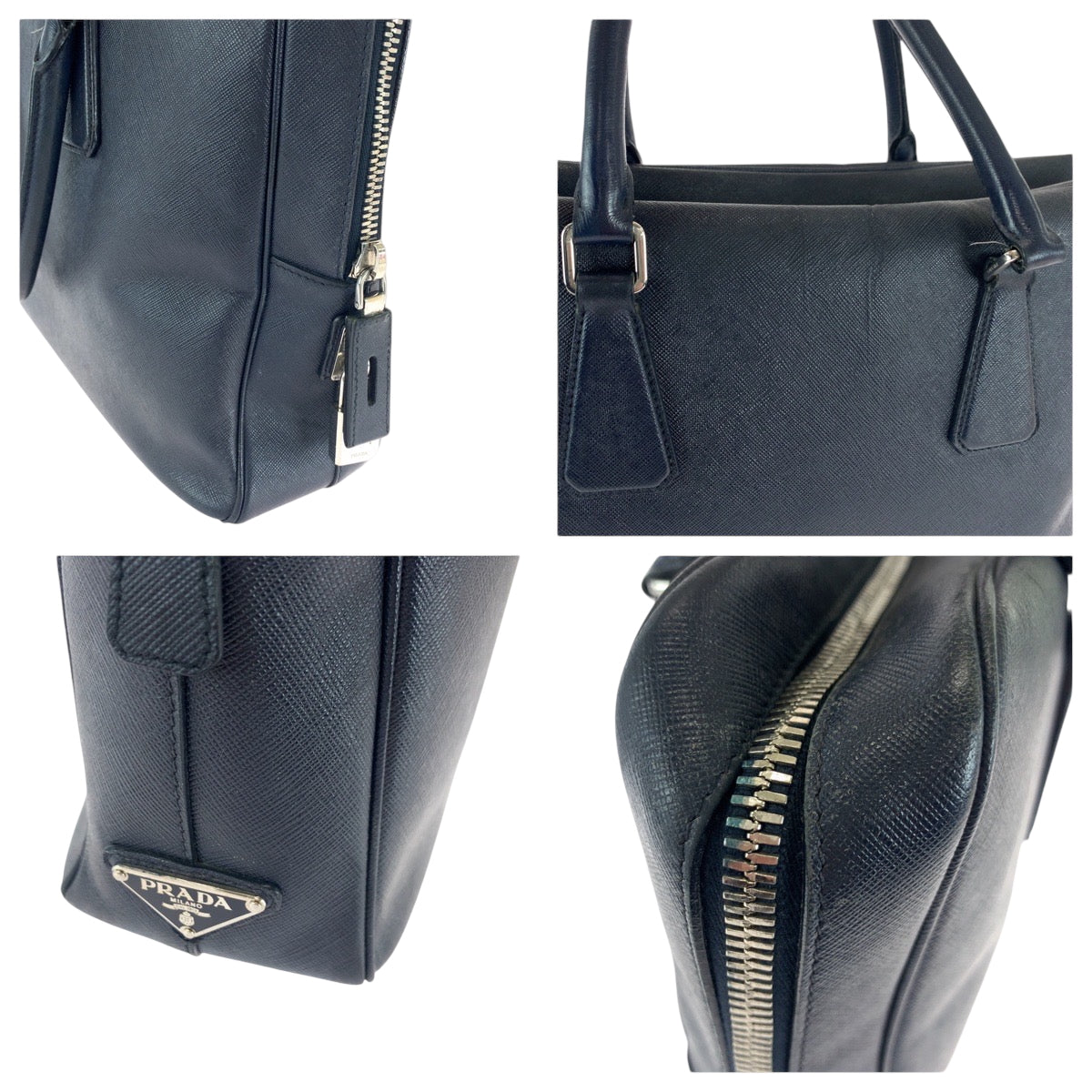 16446
PRADA プラダ サフィアーノ 三角ロゴプレート ネイビー シルバー金具 レザー ビジネスバッグ ハンドバッグ  メンズ