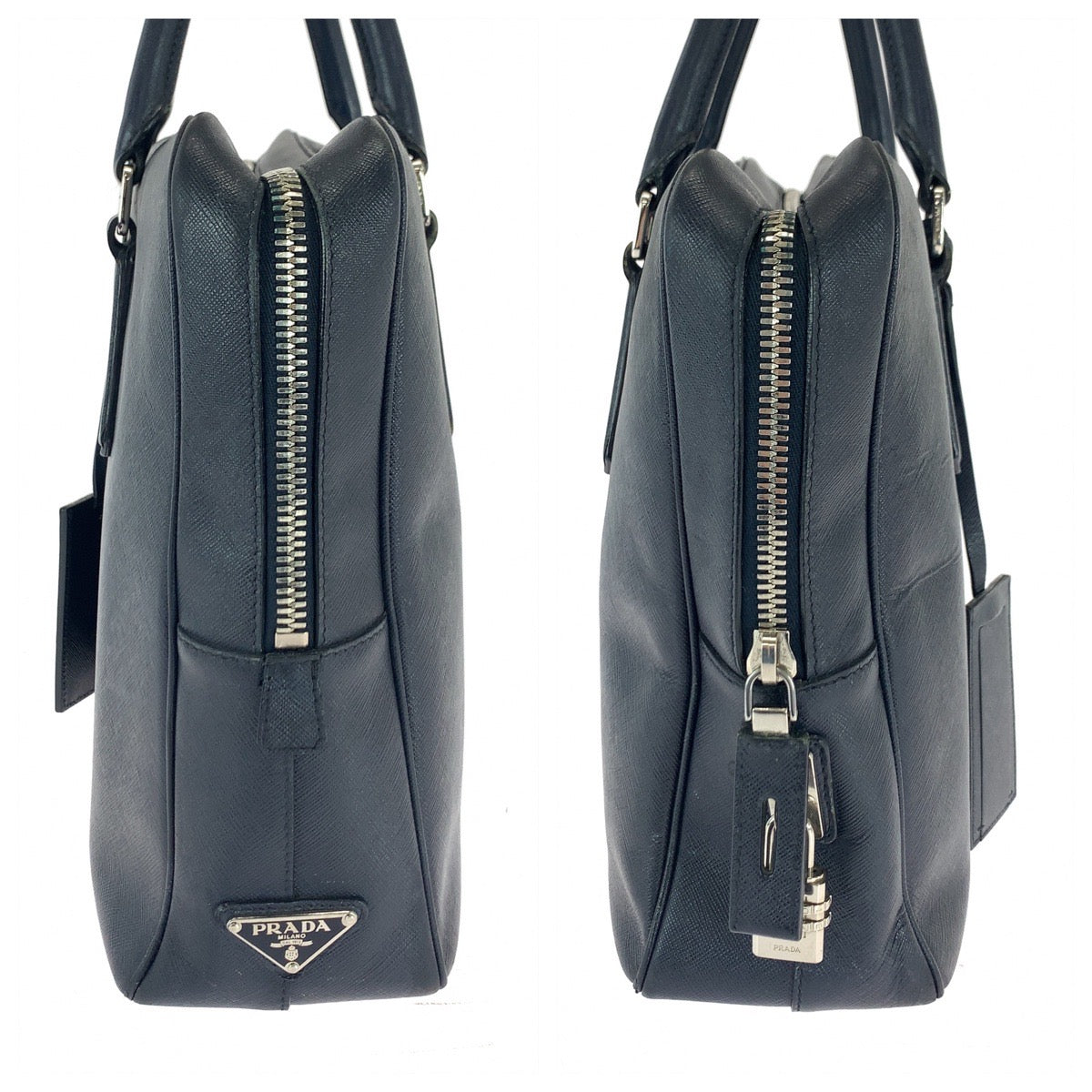 16446
PRADA プラダ サフィアーノ 三角ロゴプレート ネイビー シルバー金具 レザー ビジネスバッグ ハンドバッグ  メンズ