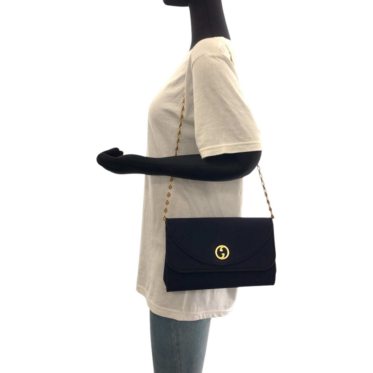 16460
GUCCI グッチ ヴィンテージ オールドグッチ ネイビー ゴールド金具 キャンバス チェーンショルダーバッグ 肩掛け レディース AB27