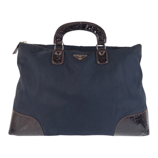 16487
PRADA プラダ ヴィンテージ テスート 三角ロゴプレート ネイビー ブラウン ナイロン / レザー トートバッグ ハンドバッグ  レディース AB34