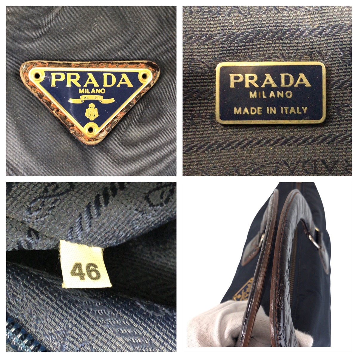 16487
PRADA プラダ ヴィンテージ テスート 三角ロゴプレート ネイビー ブラウン ナイロン / レザー トートバッグ ハンドバッグ  レディース AB34