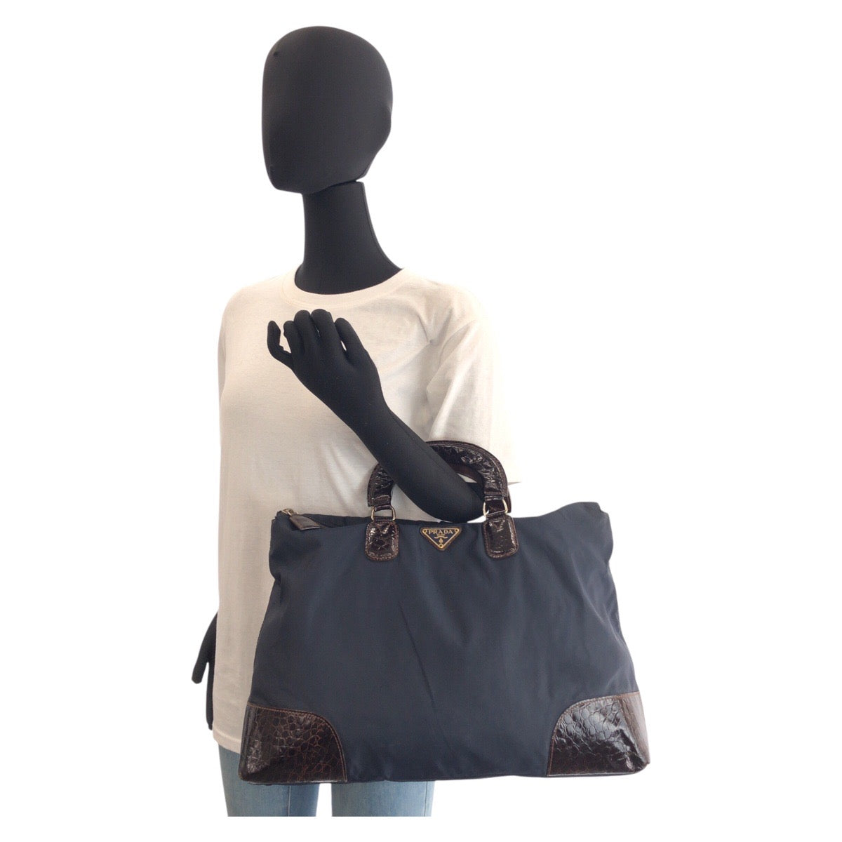 16487
PRADA プラダ ヴィンテージ テスート 三角ロゴプレート ネイビー ブラウン ナイロン / レザー トートバッグ ハンドバッグ  レディース AB34