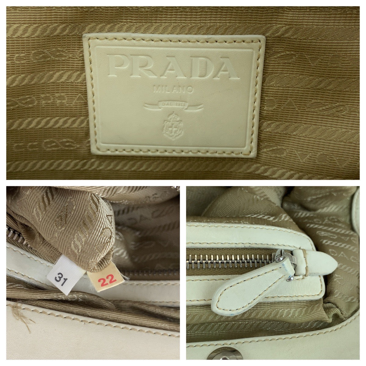 16492
PRADA プラダ ロゴジャガード ブラウン ホワイト ゴールド金具 キャンバス ハンドバッグ トートバッグ ショルダーバッグ  レディース