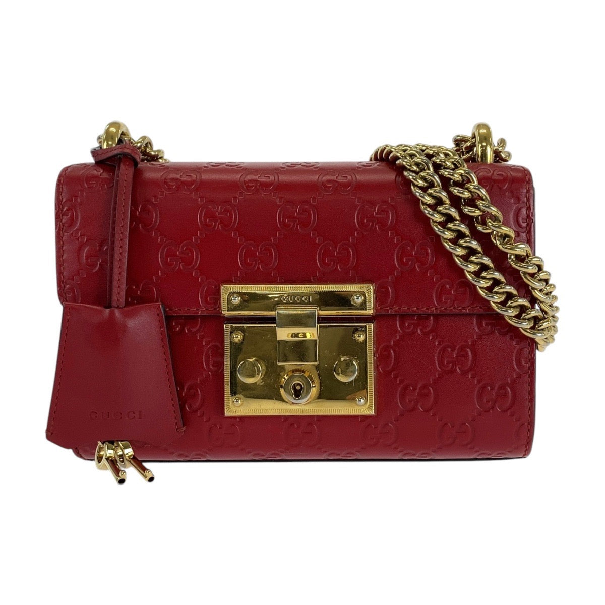16498
GUCCI グッチ グッチシマ パドロック レッド 赤 ゴールド金具 レザー 409487 ショルダーバッグ ポシェット  レディース A73