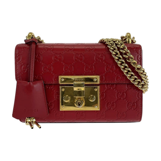 16498
GUCCI グッチ グッチシマ パドロック レッド 赤 ゴールド金具 レザー 409487 ショルダーバッグ ポシェット  レディース A73