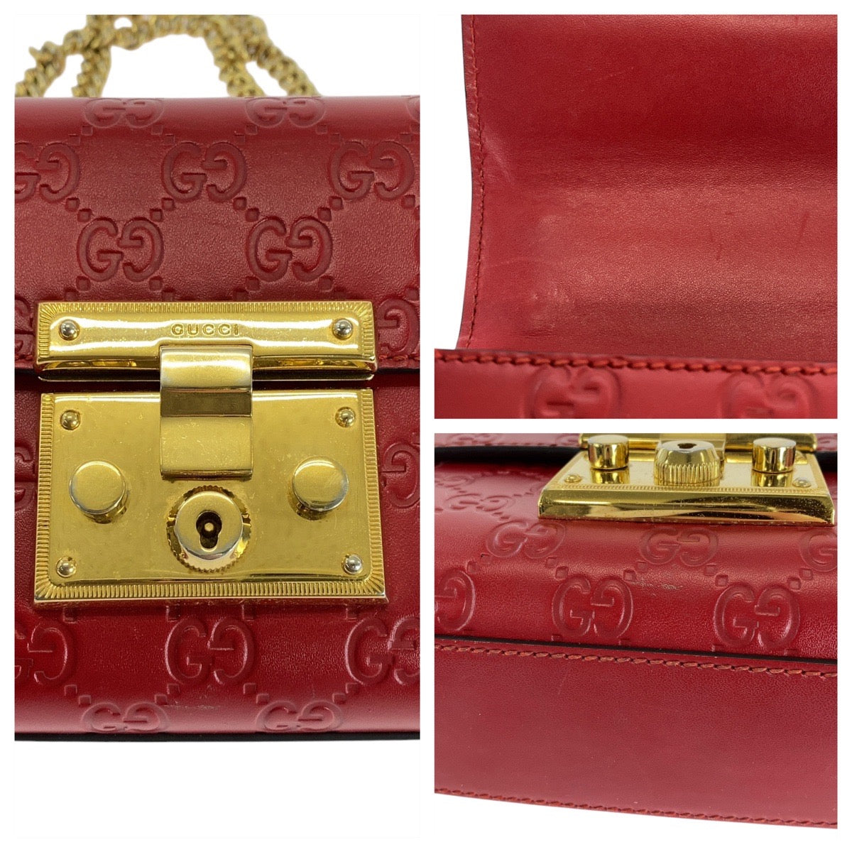 16498
GUCCI グッチ グッチシマ パドロック レッド 赤 ゴールド金具 レザー 409487 ショルダーバッグ ポシェット  レディース A73