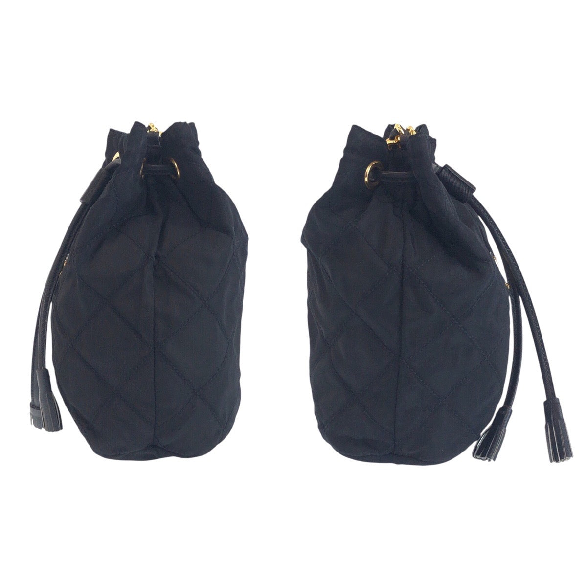 16509
PRADA プラダ ヴィンテージ テスート 三角ロゴプレート ブラック 黒 ゴールド金具 ナイロン / レザー 斜め掛け ショルダーバッグ 巾着 タッセル  レディース