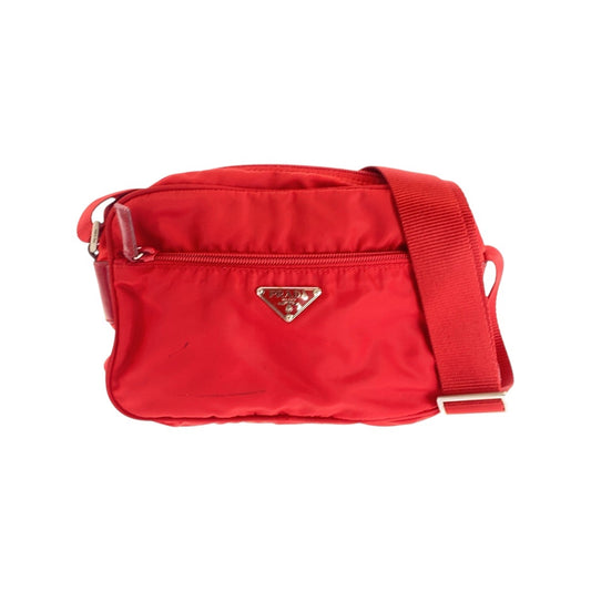 16515
PRADA プラダ テスート 三角ロゴプレート レッド シルバー金具 ナイロン / レザー ショルダーバッグ ポシェット  レディース AB33