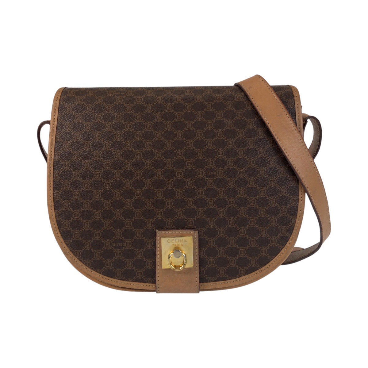 16527
CELINE セリーヌ ヴィンテージ マカダム ブラウン ゴールド金具 PVC / レザー ショルダーバッグ ポシェット レディース AB25