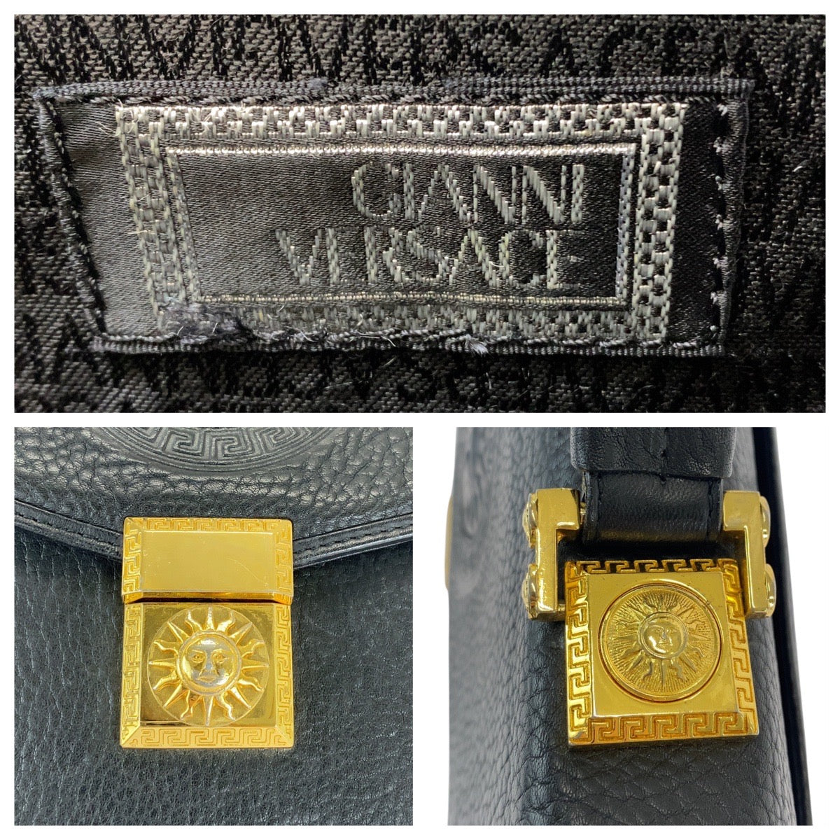 16529
VERSACE ヴェルサーチ ヴィンテージ サンバースト ブラック 黒 ゴールド金具 レザー セカンドバッグ  メンズ ABP40