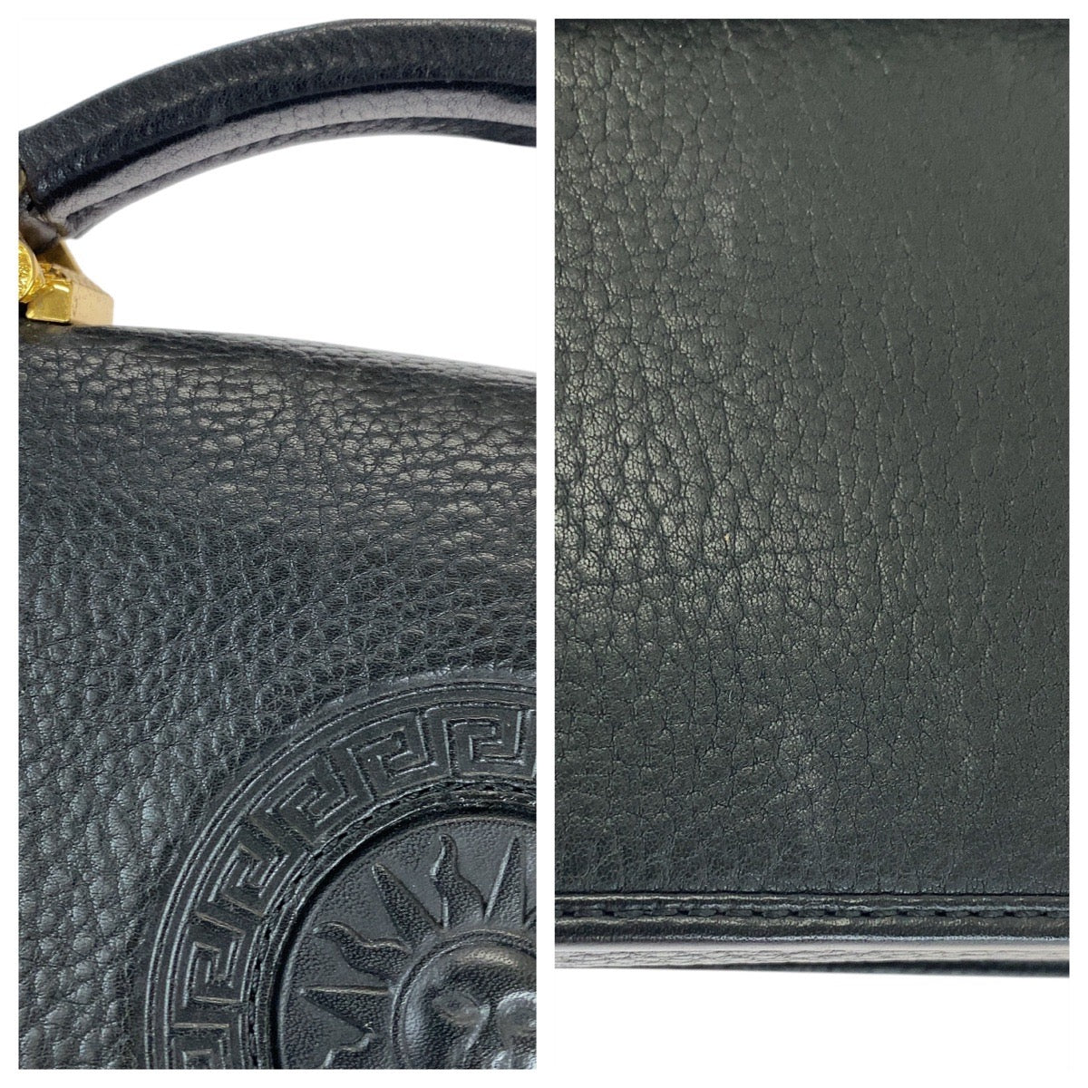 16529
VERSACE ヴェルサーチ ヴィンテージ サンバースト ブラック 黒 ゴールド金具 レザー セカンドバッグ  メンズ ABP40